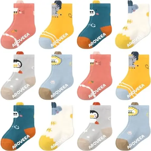 Aroveea Baby Toddler Socks Grip Non Slip Boys Girls Cotton 12 Pack for Kids Ankle Cute Socks 6M-7Years - 1