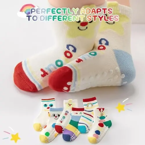Aroveea Baby Toddler Socks Grip Non Slip Boys Girls Cotton 12 Pack for Kids Ankle Cute Socks 6M-7Years - 5