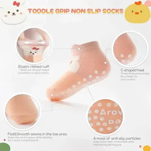Aroveea Baby Toddler Socks Grip Non Slip Boys Girls Cotton 12 Pack for Kids Ankle Cute Socks 6M-7Years - 2