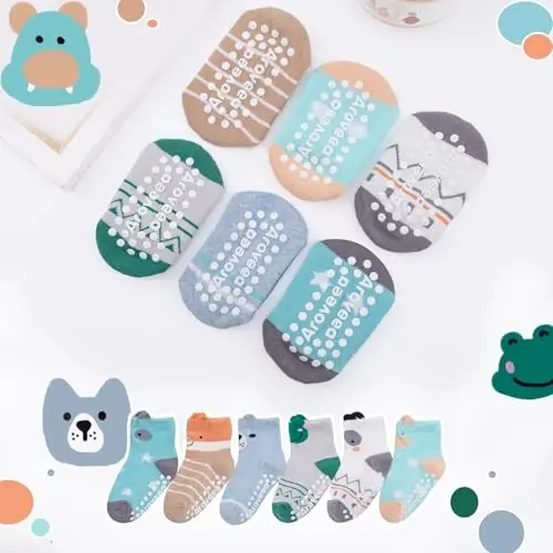 Aroveea Baby Toddler Socks Grip Non Slip Boys Girls Cotton 12 Pack for Kids Ankle Cute Socks 6M-7Years - 6