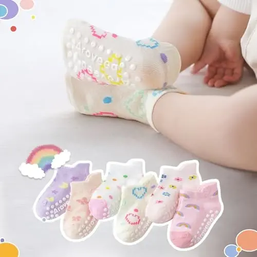 Aroveea Baby Toddler Socks Grip Non Slip Boys Girls Cotton 12 Pack for Kids Ankle Cute Socks 6M-7Years - 6