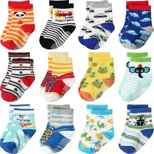 Aroveea Non Slip Grip Ankle Baby Socks 12 Pack for Toddler Boys and Girls Kids,Infant Cute Cotton Baby Socks - AROVEEA