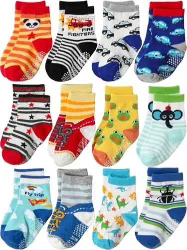 Aroveea Non Slip Grip Ankle Baby Socks 12 Pack for Toddler Boys and Girls Kids,Infant Cute Cotton Baby Socks 
