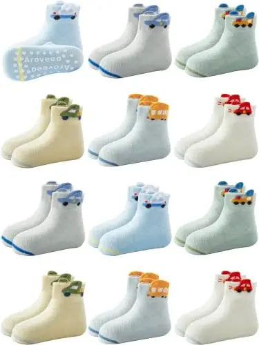 Aroveea Non Slip Grip Ankle Baby Socks 12 Pack for Toddler Boys and Girls Kids,Infant Cute Cotton Baby Socks 