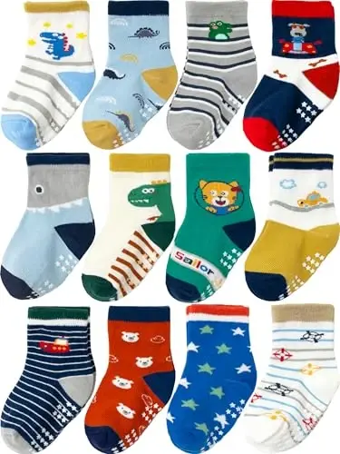 Aroveea Non Slip Grip Ankle Baby Socks 12 Pack for Toddler Boys and Girls Kids,Infant Cute Cotton Baby Socks 