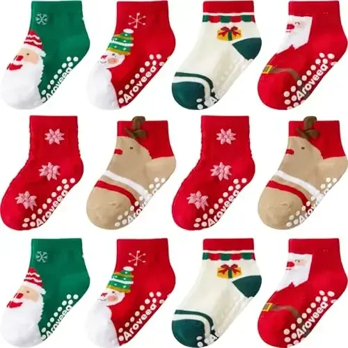 Aroveea Non Slip Grip Ankle Baby Socks 12 Pack for Toddler Boys and Girls Kids,Infant Cute Cotton Baby Socks 