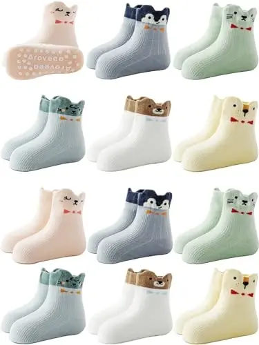 Aroveea Non Slip Grip Ankle Baby Socks 12 Pack for Toddler Boys and Girls Kids,Infant Cute Cotton Baby Socks 