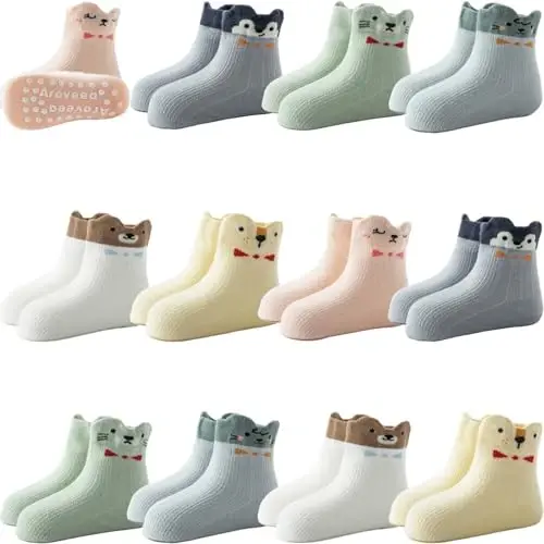 Aroveea Non Slip Grip Ankle Baby Socks 12 Pack for Toddler Boys and Girls Kids,Infant Cute Cotton Baby Socks - 1