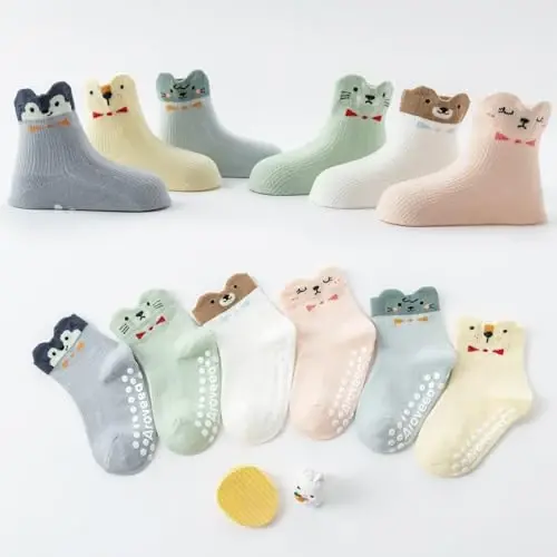 Aroveea Non Slip Grip Ankle Baby Socks 12 Pack for Toddler Boys and Girls Kids,Infant Cute Cotton Baby Socks - 6