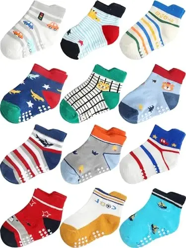 Aroveea Non Slip Grip Ankle Baby Socks 12 Pack for Toddler Boys and Girls Kids,Infant Cute Cotton Baby Socks 