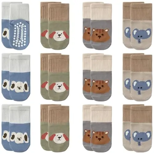 Aroveea Non Slip Grip Ankle Baby Socks 12 Pack for Toddler Boys and Girls Kids,Infant Cute Cotton Baby Socks - 1
