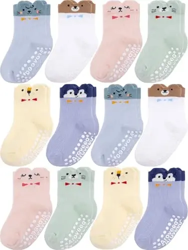 Aroveea Non Slip Grip Ankle Baby Socks 12 Pack for Toddler Boys and Girls Kids,Infant Cute Cotton Baby Socks 