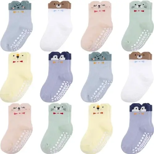 Aroveea Non Slip Grip Ankle Baby Socks 12 Pack for Toddler Boys and Girls Kids,Infant Cute Cotton Baby Socks - 1