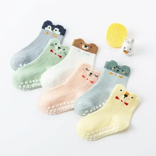 Aroveea Non Slip Grip Ankle Baby Socks 12 Pack for Toddler Boys and Girls Kids,Infant Cute Cotton Baby Socks - 2