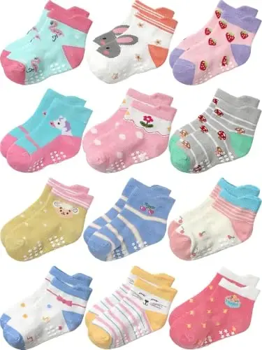 Aroveea Non Slip Grip Ankle Baby Socks 12 Pack for Toddler Boys and Girls Kids,Infant Cute Cotton Baby Socks 
