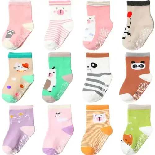 Aroveea Non Slip Grip Ankle Baby Socks 12 Pack for Toddler Boys and Girls Kids,Infant Cute Cotton Baby Socks 