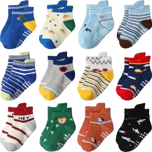 Aroveea Toddler Socks Non Slip Grip Cute Cotton Baby Socks 12 Pack for Toddler Boys Girls Kids 