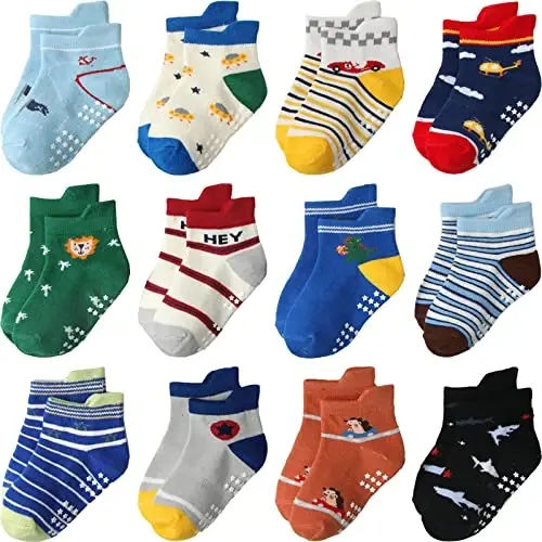 Aroveea Toddler Socks Non Slip Grip Cute Cotton Baby Socks 12 Pack for Toddler Boys Girls Kids - 1