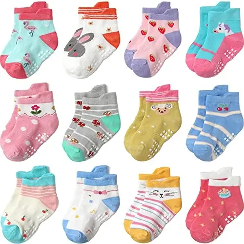 Aroveea Toddler Socks Non Slip Grip Cute Cotton Baby Socks 12 Pack for Toddler Boys Girls Kids - 1