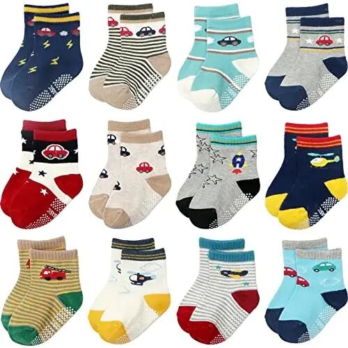 Aroveea Non Slip Grip Ankle Baby Socks 12 Pack for Toddler Boys and Girls Kids,Infant Cute Cotton Baby Socks - AROVEEA (1)