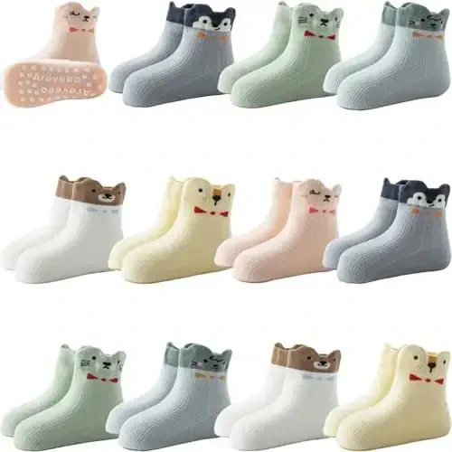 Aroveea Non Slip Grip Ankle Baby Socks 12 Pack for Toddler Boys and Girls Kids,Infant Cute Cotton Baby Socks - 1