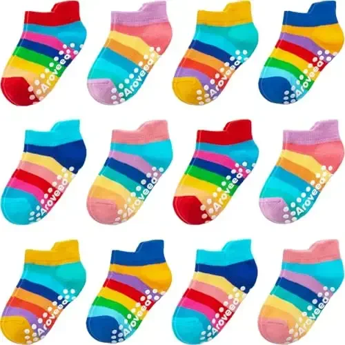 Aroveea Non Slip Grip Ankle Baby Socks 12 Pack for Toddler Boys and Girls Kids,Infant Cute Cotton Baby Socks 