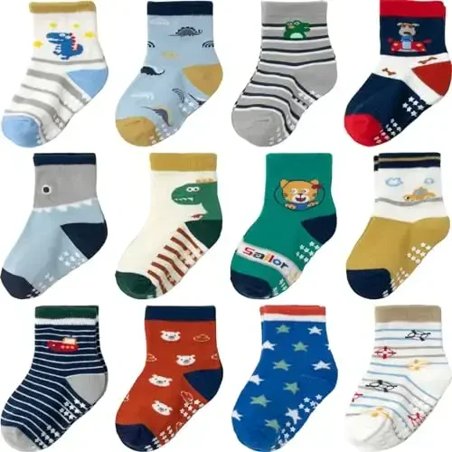 Aroveea Non Slip Grip Ankle Baby Socks 12 Pack for Toddler Boys and Girls Kids,Infant Cute Cotton Baby Socks - 1