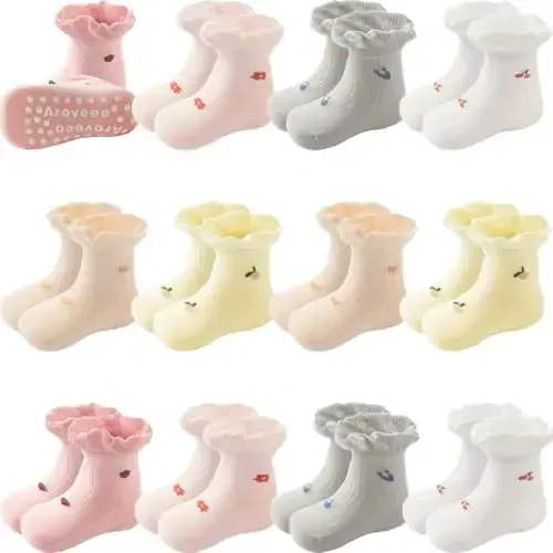 Aroveea Non Slip Grip Ankle Baby Socks 12 Pack for Toddler Boys and Girls Kids,Infant Cute Cotton Baby Socks - AROVEEA