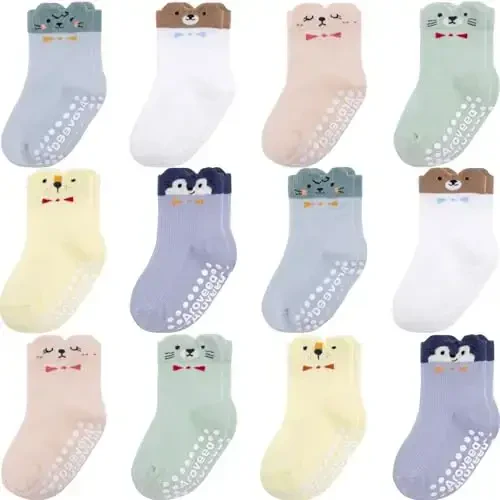 Aroveea Non Slip Grip Ankle Baby Socks 12 Pack for Toddler Boys and Girls Kids,Infant Cute Cotton Baby Socks - 1