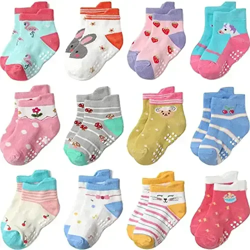 Aroveea Non Slip Grip Ankle Baby Socks 12 Pack for Toddler Boys and Girls Kids,Infant Cute Cotton Baby Socks 