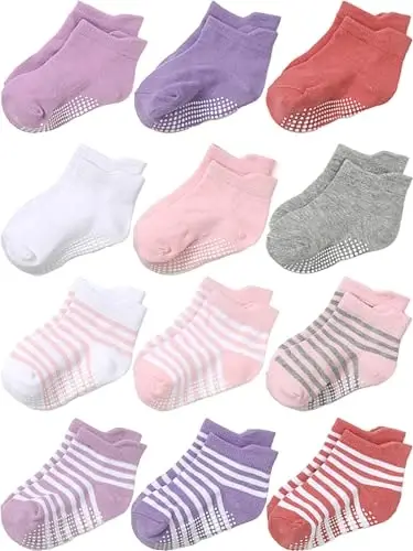 Aroveea Non Slip Grip Ankle Baby Socks 12 Pack for Toddler Boys and Girls Kids,Infant Cute Cotton Baby Socks 