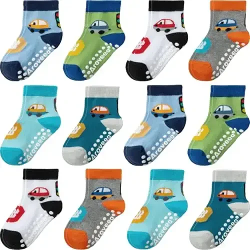 Aroveea Non Slip Grip Ankle Baby Socks 12 Pack for Toddler Boys and Girls Kids,Infant Cute Cotton Baby Socks - 1