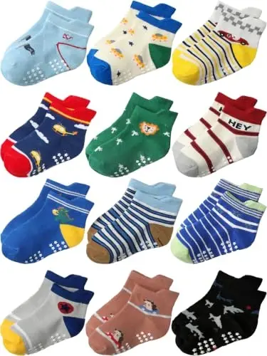 Aroveea Non Slip Grip Ankle Baby Socks 12 Pack for Toddler Boys and Girls Kids,Infant Cute Cotton Baby Socks 