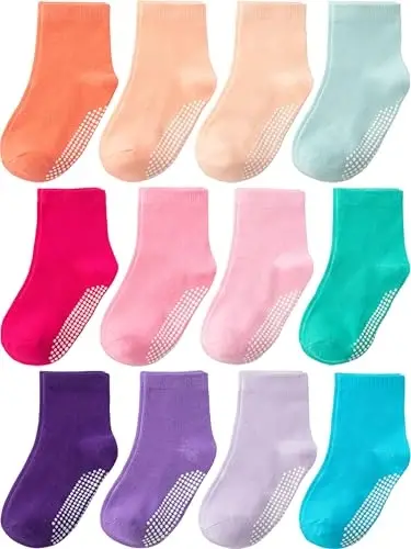 Aroveea Non Slip Grip Ankle Baby Socks 12 Pack for Toddler Boys and Girls Kids,Infant Cute Cotton Baby Socks 