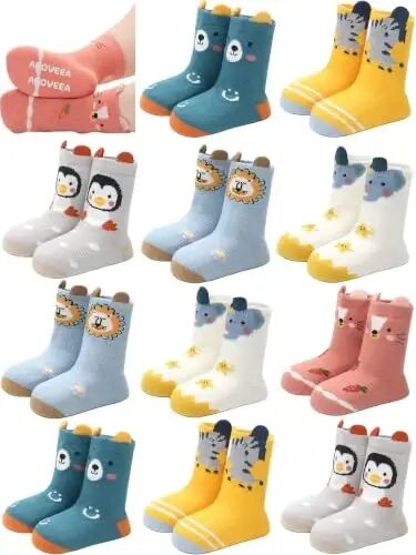 Aroveea Non Slip Grip Ankle Baby Socks 12 Pack for Toddler Boys and Girls Kids,Infant Cute Cotton Baby Socks 