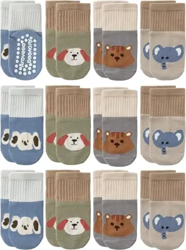 Aroveea Non Slip Grip Ankle Baby Socks 12 Pack for Toddler Boys and Girls Kids,Infant Cute Cotton Baby Socks 