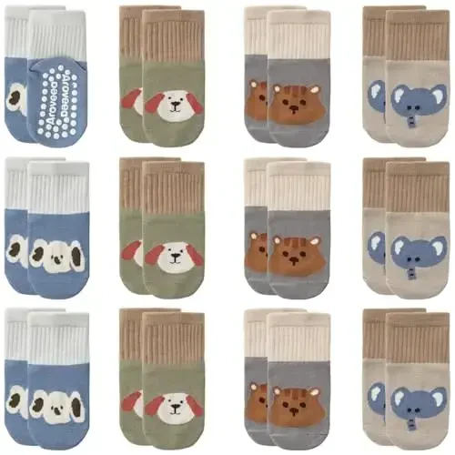 Aroveea Non Slip Grip Ankle Baby Socks 12 Pack for Toddler Boys and Girls Kids,Infant Cute Cotton Baby Socks - 1
