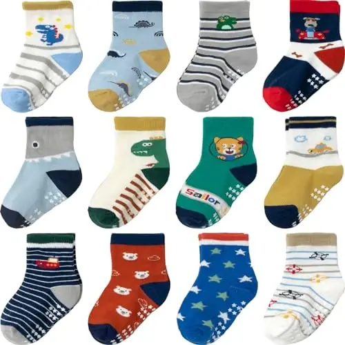 Aroveea Non Slip Grip Ankle Baby Socks 12 Pack for Toddler Boys and Girls Kids,Infant Cute Cotton Baby Socks 