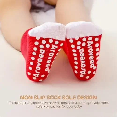 Aroveea Non Slip Grip To'piqli Chaqaloq Paypoqlari 12 O'ram Yürüyen O'g'il va Qiz Bolalar uchun, Go'dak Shirin Paxta Chaqaloq Paypoqlari - 4
