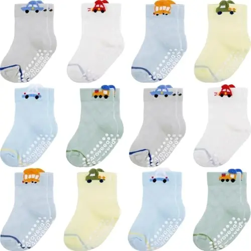 Aroveea Non Slip Grip Ankle Baby Socks 12 Pack for Toddler Boys and Girls Kids,Infant Cute Cotton Baby Socks 
