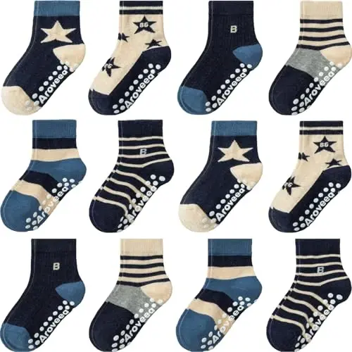 Aroveea Non Slip Grip Ankle Baby Socks 12 Pack for Toddler Boys and Girls Kids,Infant Cute Cotton Baby Socks - 1
