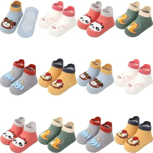Aroveea Toddler Socks Non Slip Grip Cute Cotton Baby Socks 12 Pack for Toddler Boys Girls Kids - 1