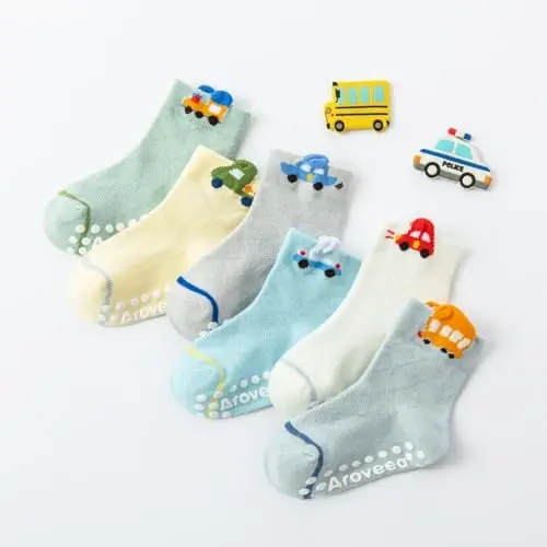 Aroveea Toddler Socks Non Slip Grip Ankle Baby 12 Pack for Kids Boys Girls | Soft combed cotton; safety silicone on bottom; machine washable; fits 6M to 7Y children indoor outdoor play all season - 2