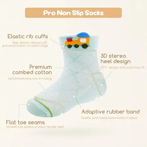 Aroveea Toddler Socks Non Slip Grip Ankle Baby 12 Pack for Kids Boys Girls | Soft combed cotton; safety silicone on bottom; machine washable; fits 6M to 7Y children indoor outdoor play all season - 6