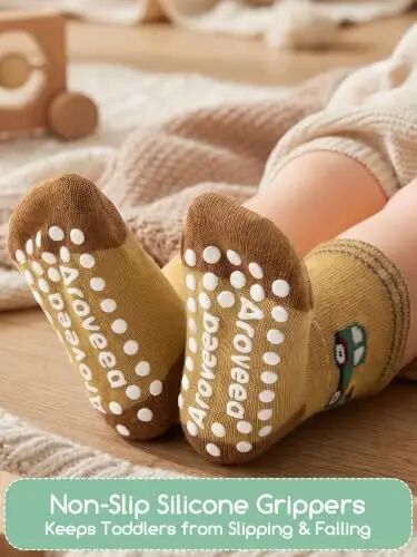 Aroveea Toddler Socks Non Slip Grip Crew Cotton 12 Pack for Baby Boys Kids | Soft combed cotton; safety silicone on bottom; machine washable; cute car prints for 6M-7Y boy kids indoor outdoor play - Aroveea (1)
