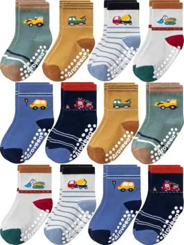 Aroveea Toddler Socks Non Slip Grip Crew Cotton 12 Pack for Baby Boys Kids | Soft combed cotton; safety silicone on bottom; machine washable; cute car prints for 6M-7Y boy kids indoor outdoor play - 1