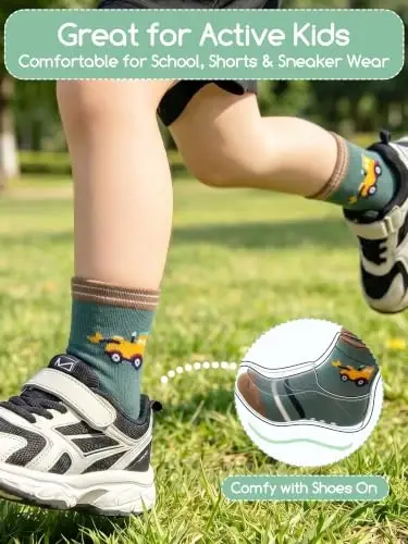Aroveea Toddler Socks Non Slip Grip Crew Cotton 12 Pack for Baby Boys Kids | Soft combed cotton; safety silicone on bottom; machine washable; cute car prints for 6M-7Y boy kids indoor outdoor play - 4