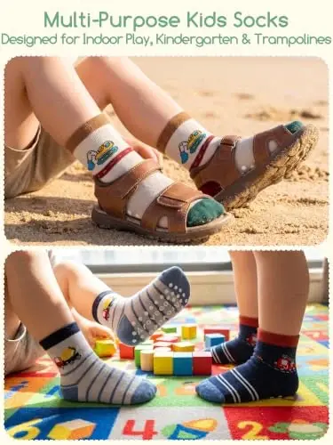 Aroveea Toddler Socks Non Slip Grip Crew Cotton 12 Pack for Baby Boys Kids | Soft combed cotton; safety silicone on bottom; machine washable; cute car prints for 6M-7Y boy kids indoor outdoor play - 5
