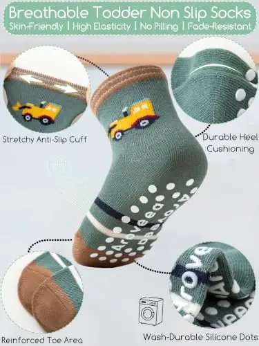 Aroveea Toddler Socks Non Slip Grip Crew Cotton 12 Pack for Baby Boys Kids | Soft combed cotton; safety silicone on bottom; machine washable; cute car prints for 6M-7Y boy kids indoor outdoor play - 6