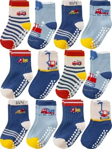 Aroveea Toddler Socks Non Slip Grip Crew Cotton 12 Pack for Baby Boys Kids | Soft combed cotton; safety silicone on bottom; machine washable; cute car prints for 6M-7Y boy kids indoor outdoor play - 1
